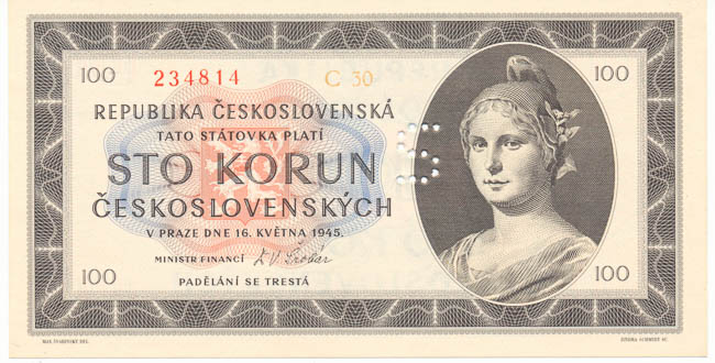 100 Koruna 1945 C 30 (perforated) - front