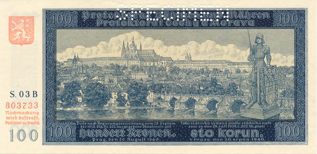 100 Koruna 1940 s. 03 B (perforated) - front