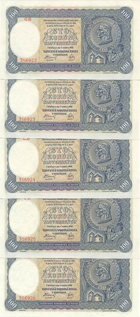 100 Koruna 1940 (5 pcs) - front
