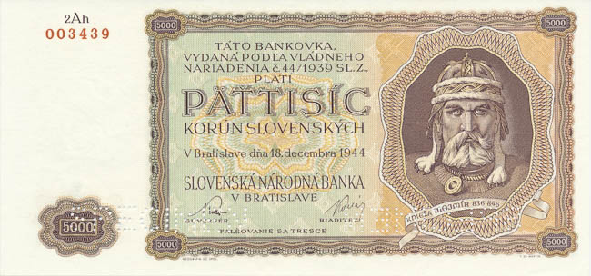 5000 Koruna 1944 2Ah (perforated) - front