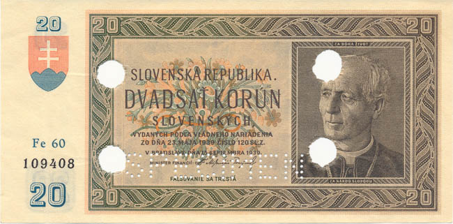 20 Koruna 1939 Fe 60 (perforated) - front