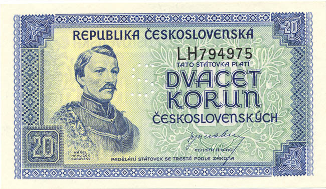 20 Kčs (1945) LH (perforovaná) - averz