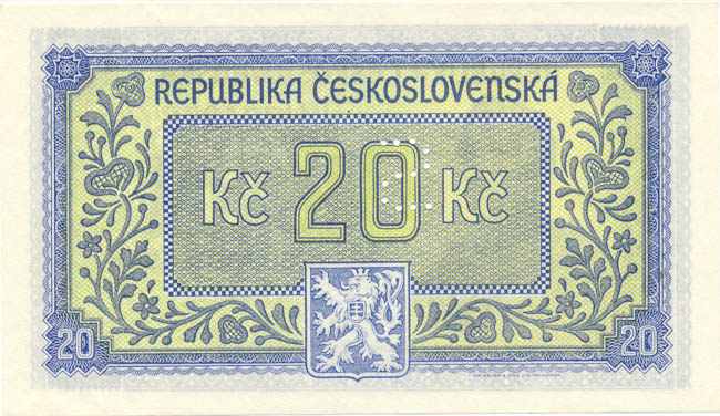 20 Kčs (1945) LH (perforovaná) - reverz