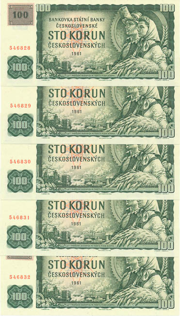 100 Koruna 1961/1993 G 80 (consecutive 5 pcs) - front