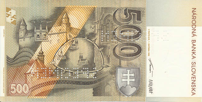 500 Koruna 1993 F (Bank specimen) - back