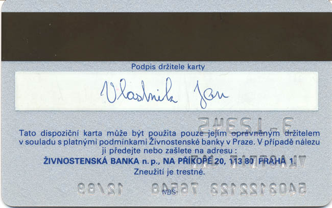 Payment card ŽIVNOSTENSKÁ BANKA n.p. - back