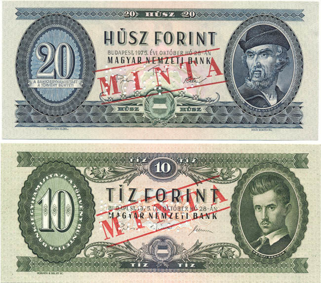 20 Forint 1975 C 000 and 10 Forint 1975 A 118 (MINTA - 2 pcs) - front
