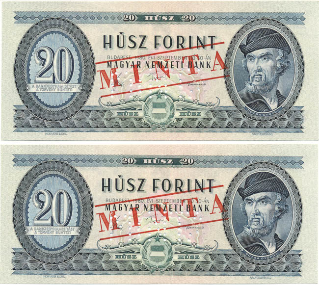 20 Forint 1980 C 000 (MINTA - consecutive serial numbers 2 pcs) - front