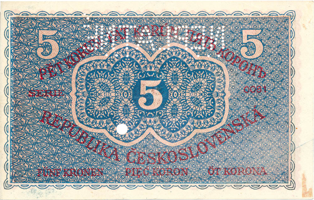 5 Koruna 1919 (bank specimen) - back