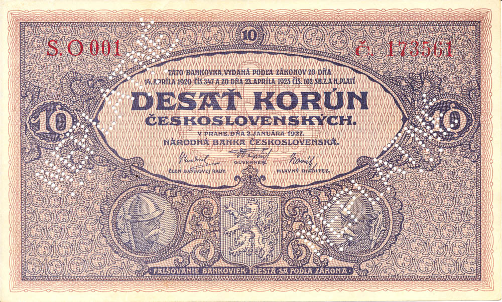 10 Koruna 1927 (bank specimen) - front