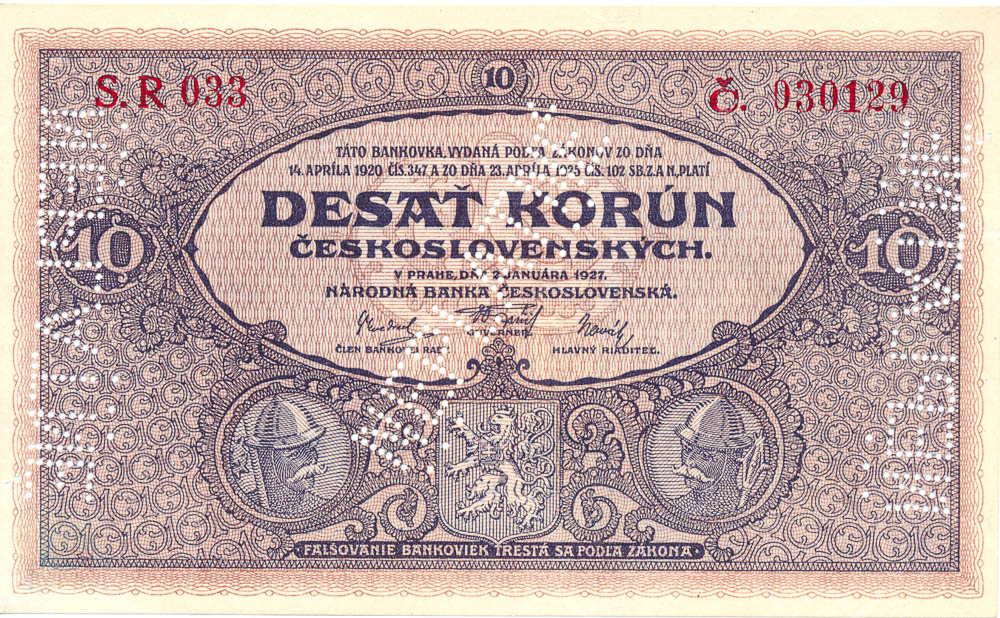 10 Koruna 1927 (bank specimen) - front