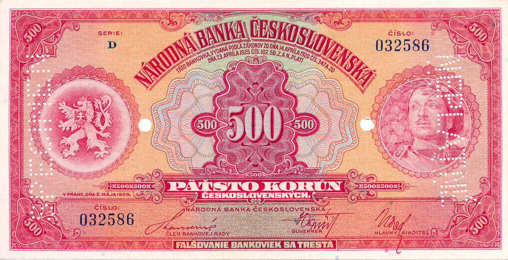 500 Koruna 1929 (bank specimen) - front