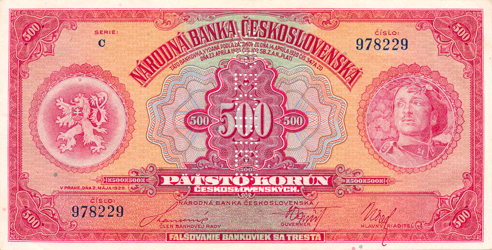 500 Koruna 1929 (bank specimen) - front