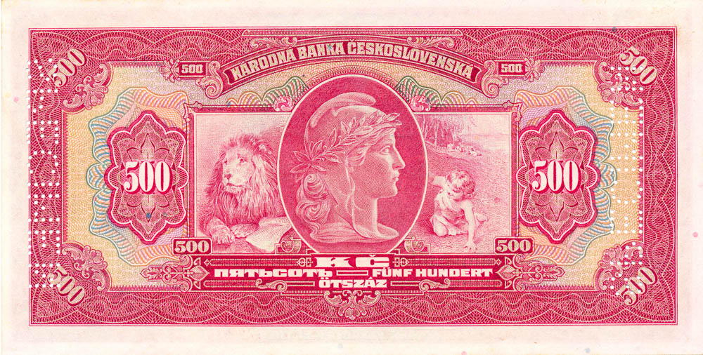 500 Koruna 1929/1939 (bank specimen) - back