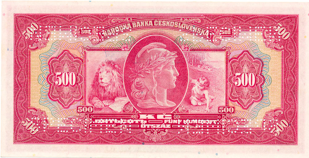 500 Koruna 1929/1939 (bank specimen) - back