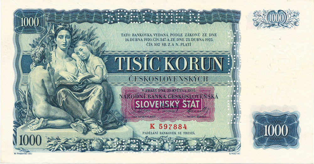 1000 Koruna 1934/1939 (bank specimen) - front