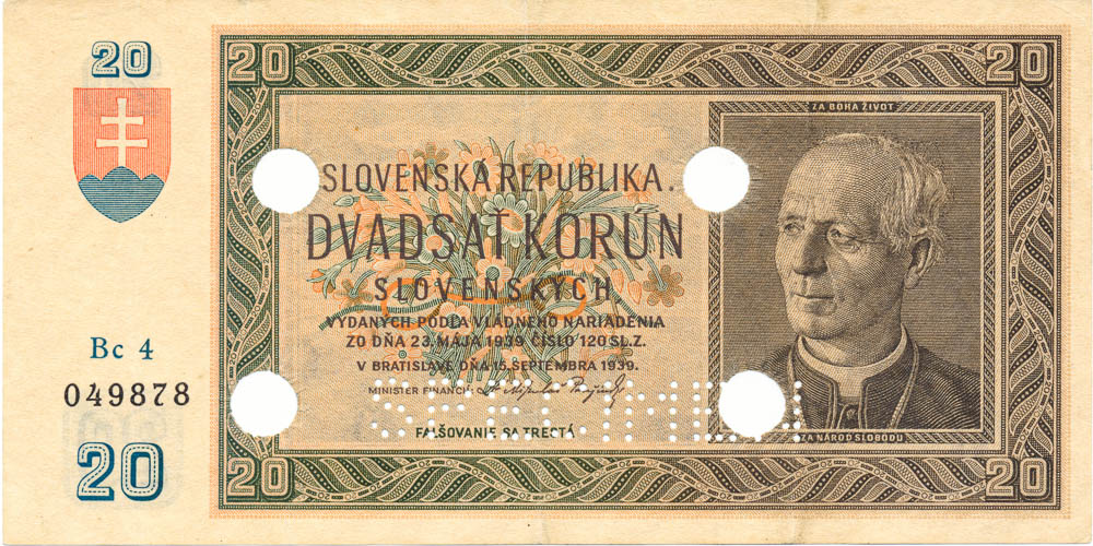 20 Koruna 1939 (perforated) - front