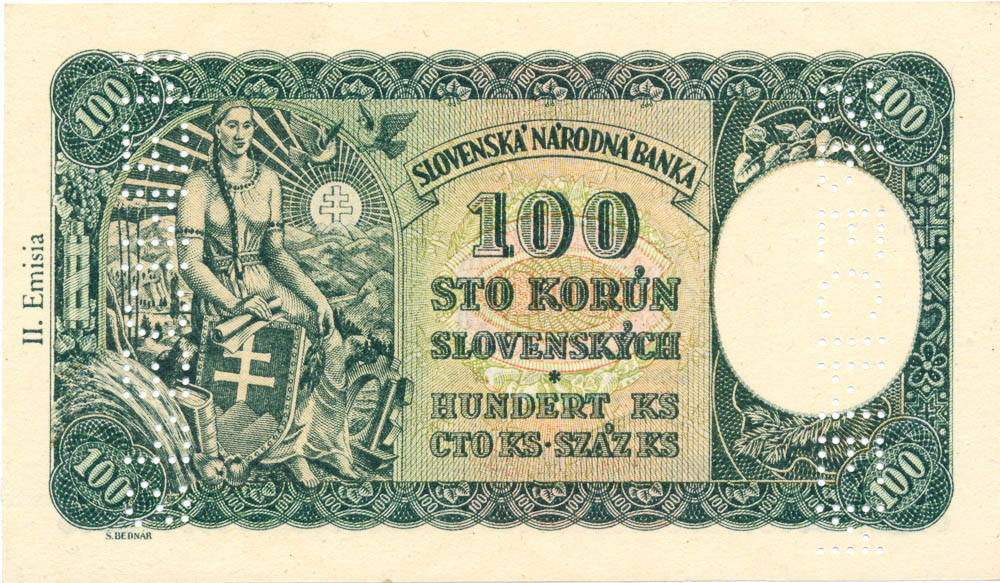 100 Koruna 1940 (bank specimen) - back