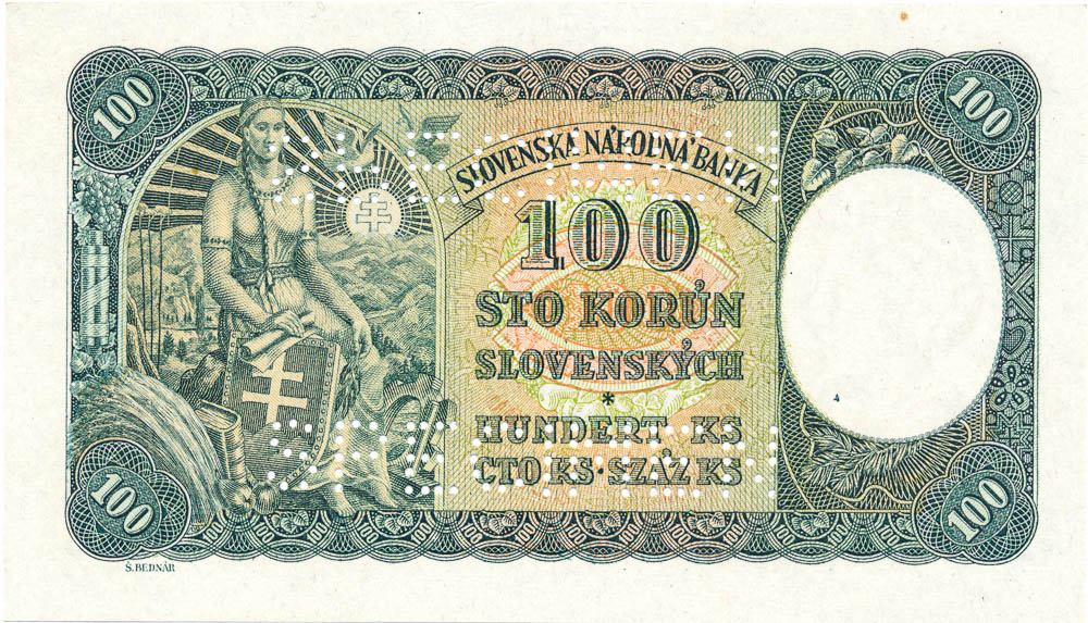 100 Koruna 1940 (bank specimen) - back