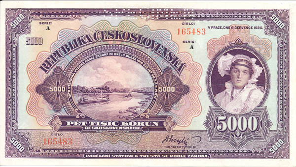 5000 Koruna 1920 A (perforated) - front