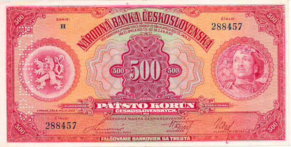 500 Kč 1929 H (perforovaná) - averz