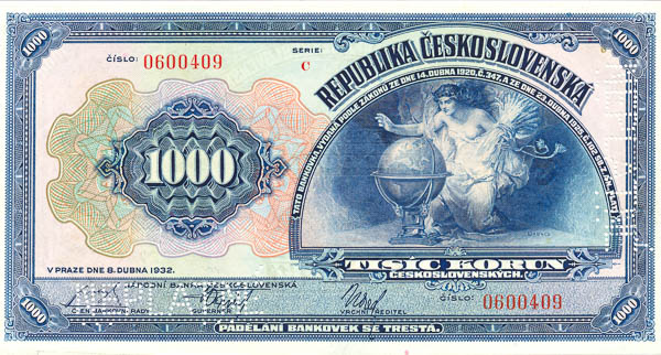 1000 Kč 1932 C (bankový vzor) - averz