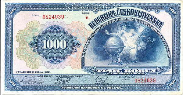 1000 Koruna 1932 B (perforated) - front