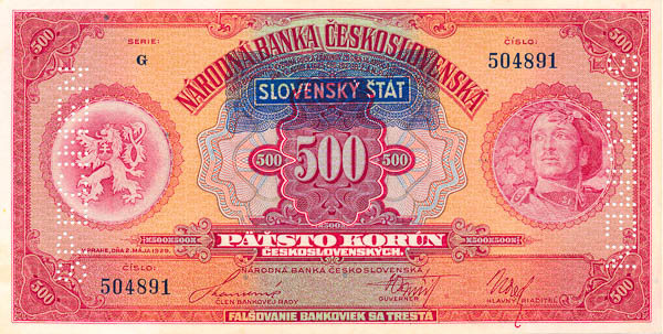 500 Koruna 1929/1939 G (bank specimen) - front