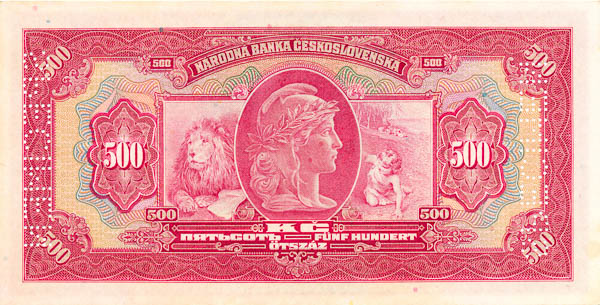 500 Koruna 1929/1939 G (bank specimen) - back