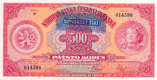 500 Koruna 1929/1939 D (perforated) - front