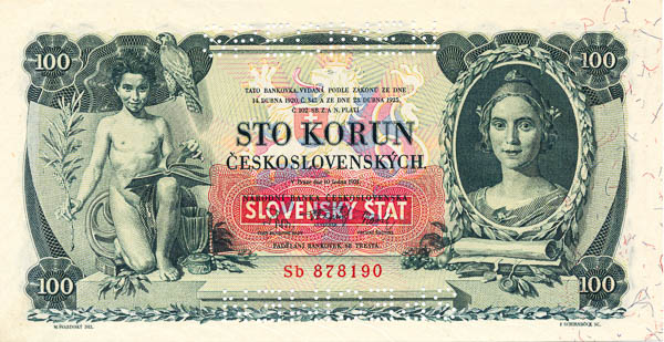 100 Koruna 1931/1939 Sb (bank specimen) - front