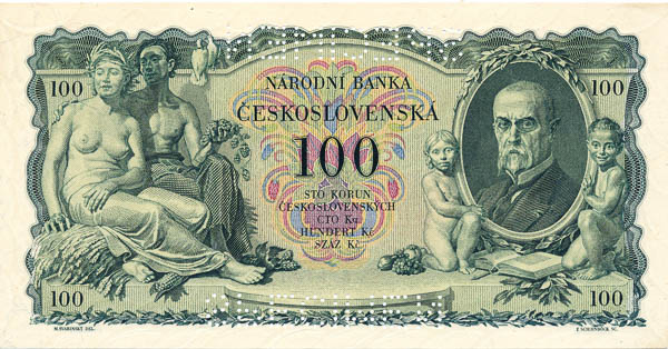 100 Koruna 1931/1939 Sb (bank specimen) - back