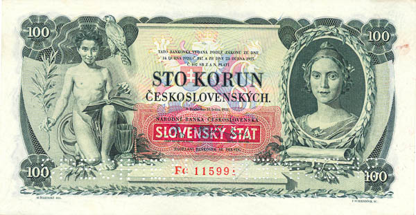 100 Koruna 1931/1939 Fc (perforated) - front