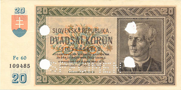 20 Korun 1939 Fe 60 (perforovaná) - averz