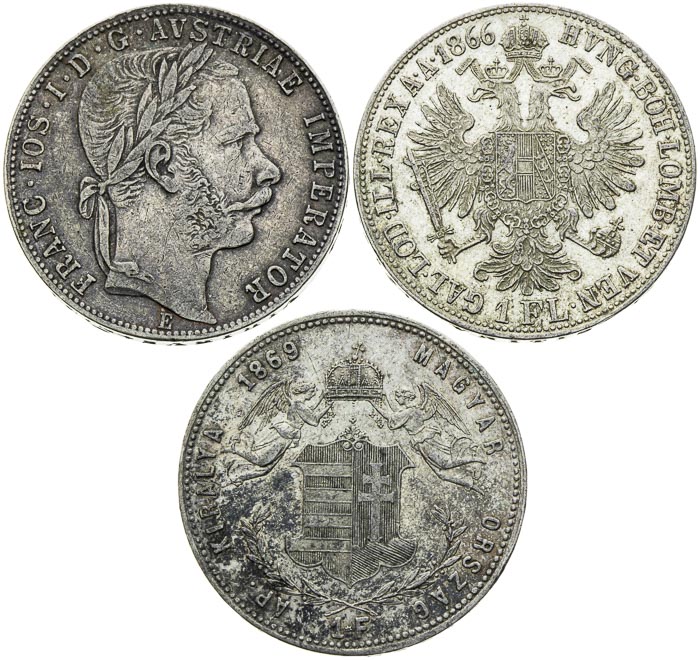 Gulden 1866 A, 1869 KB, 1866 B (3 pcs) - front