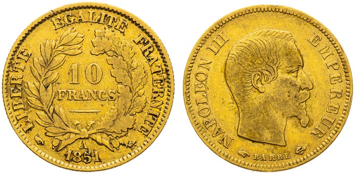 10 Frank 1854, 1876 (2 ks) - revers