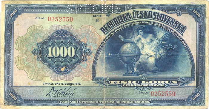 1000 Koruna 1919 B (perforated) - front
