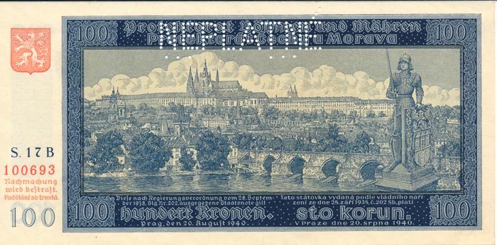 100 Koruna 1940 s. 17 B (perforated) - front