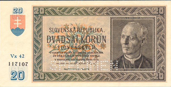 20 Koruna 1939 Vx 42 (perforated) - front
