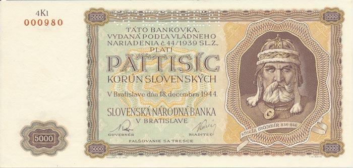 5000 Koruna 1945 4Kl (perforated) - front