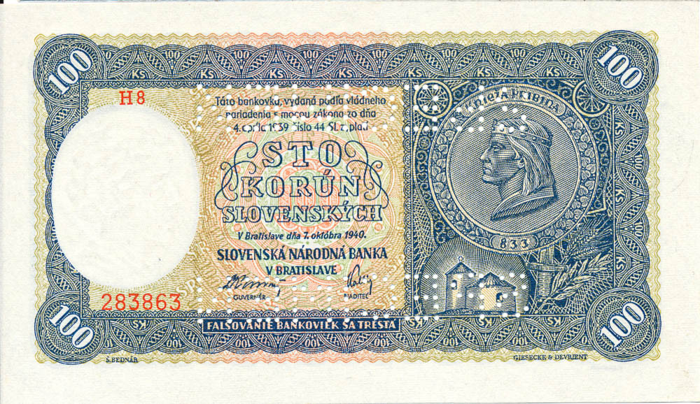 100 Koruna 1940 (bank specimen) - front