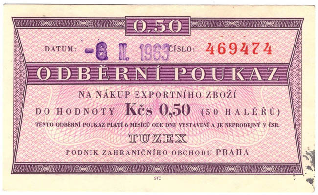 0,50 TKcs Tuzex voucher 6.II.1963  - front