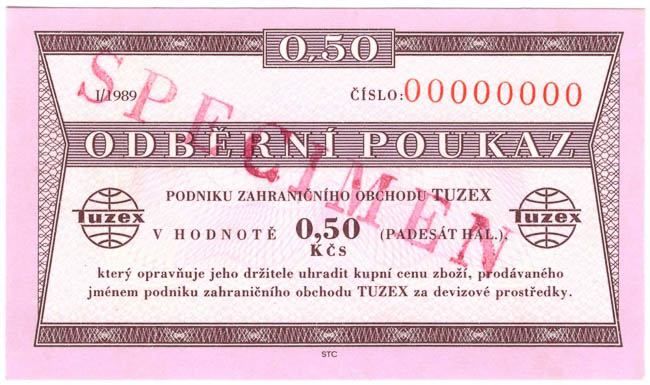 0,50 TKcs Tuzex voucher I/1989 SPECIMEN - front