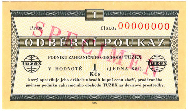 1 TKcs Purchase Tuzex Voucher I/1989 SPECIMEN - front