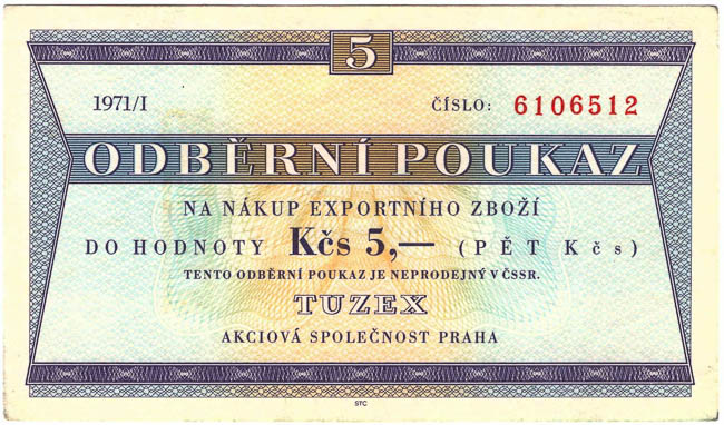 5 TKcs Tuzex voucher 1971, 1972 (2 pcs) - front