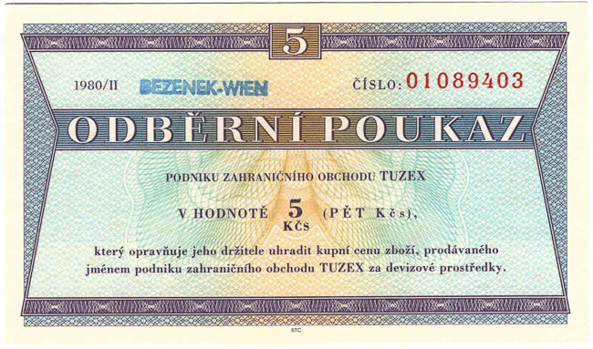 5 TKcs Tuzex voucher 1980/II - front