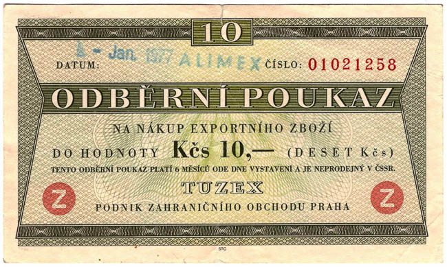 10 TKcs Tuzex voucher 1/1977 - front