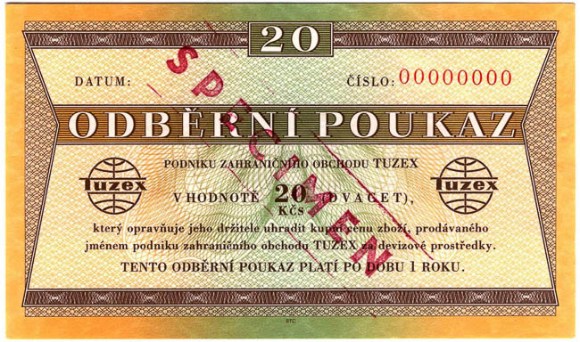 20 TKčs Odběrní poukaz Tuzex SPECIMEN - avers