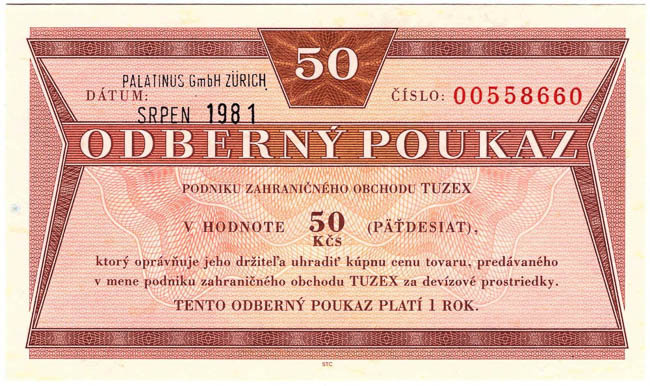 50 TKčs Odběrný poukaz Tuzex  8/1981 - avers