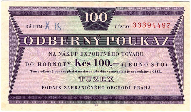 100 TKcs Tuzex voucher 1979-1980 (2 pcs) - front